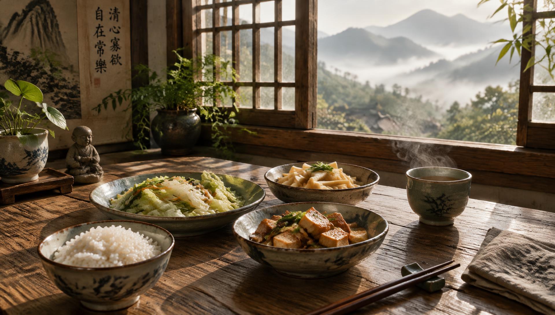 清晨柔光下的一桌台灣家常素食